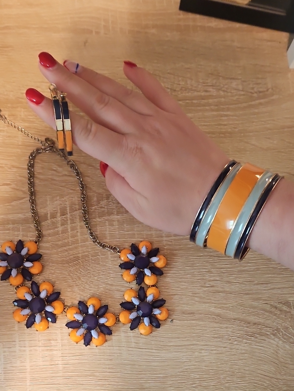 Orange and Navy Flower Statement Necklace and Bangle Set